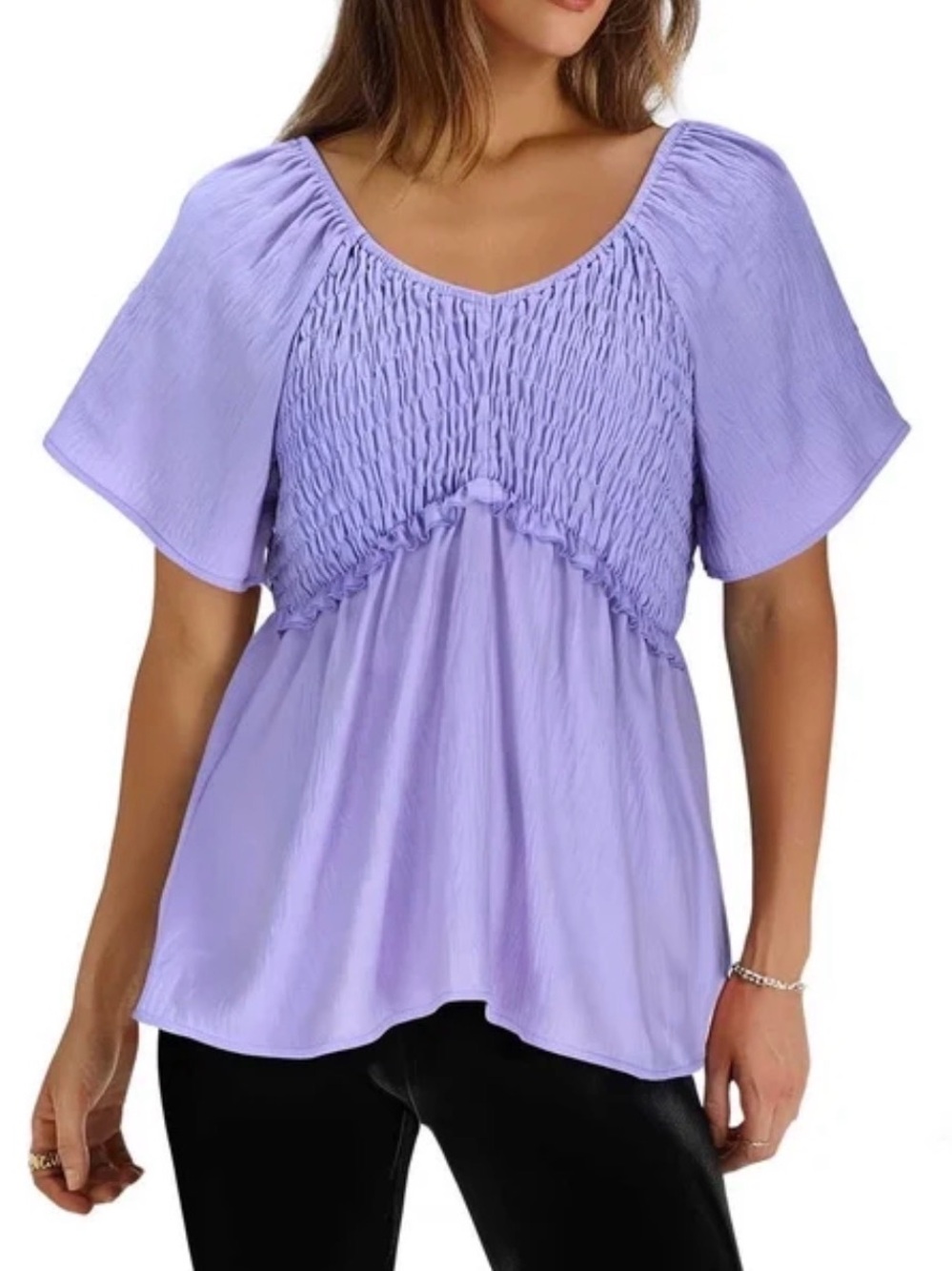 SHEIN Lavender Smocked Short-Sleeve Blouse